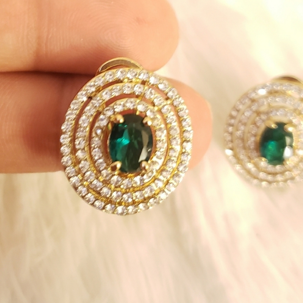 Round Emerald Green and White CZ Earrings - Picture 3 of 6